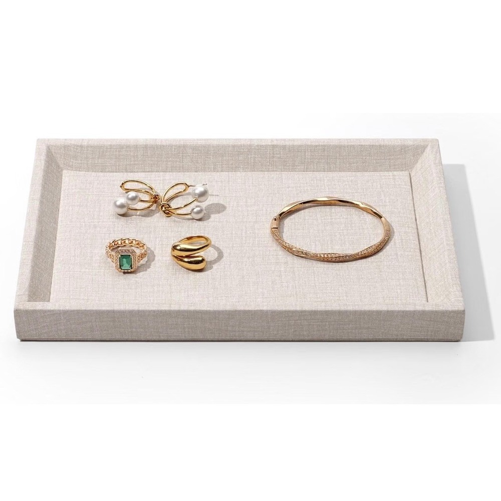 Linen Jewelry Display Tray Beige Stackable Organizer Showcase P09802